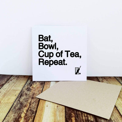 Bat Bowl Cup of Tea Repeat - Greetings Card-Worry Less Design-Cricket,Greetings-Card